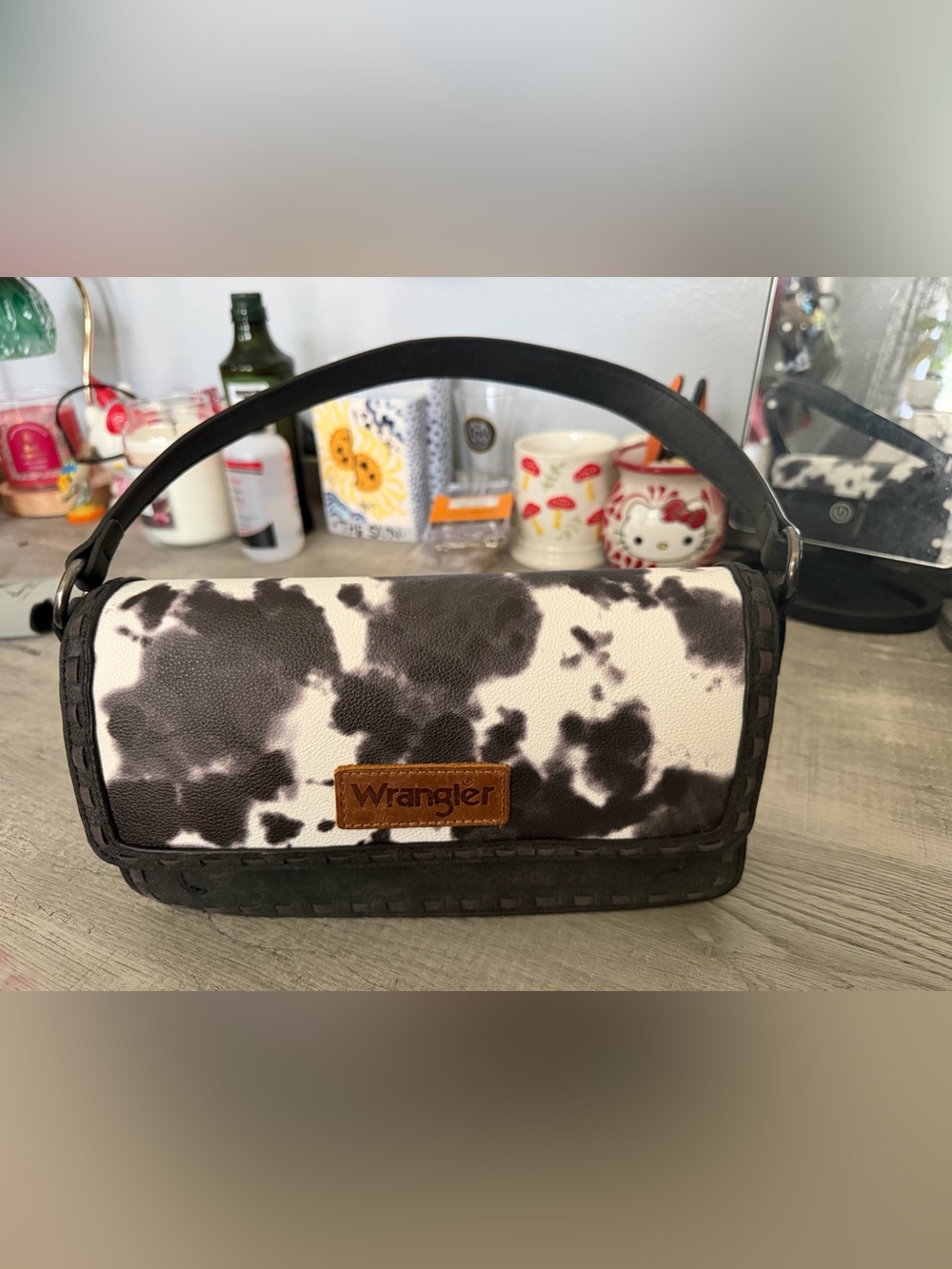 Wrangler Black & White Cowspot Shoulder Bag with Top Handle